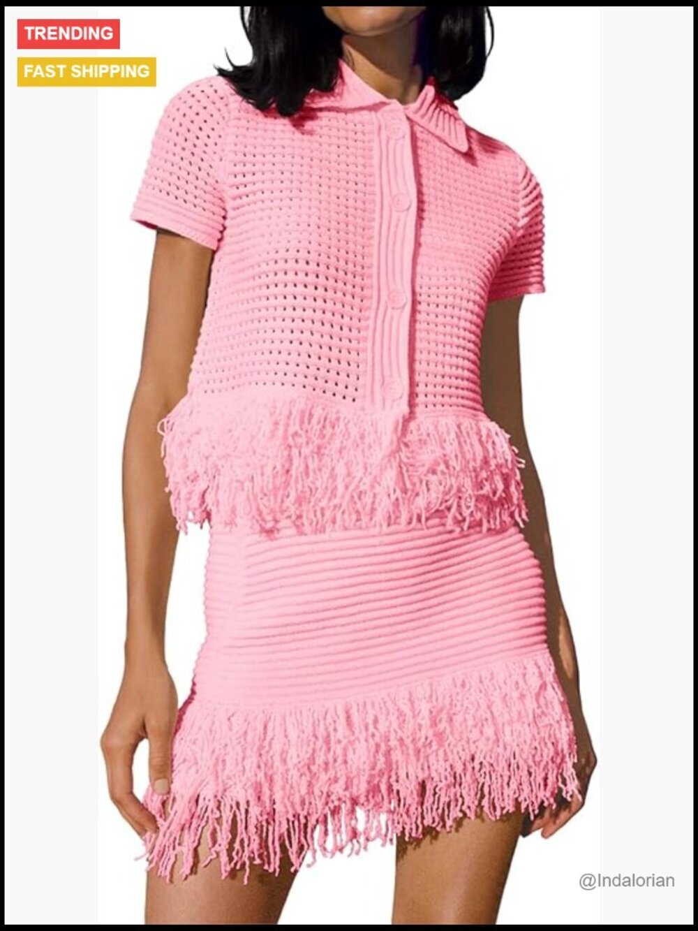 2 Piece Crochet Outfit Short Sleeve Button Knit Sweater Top Fringe Skirt